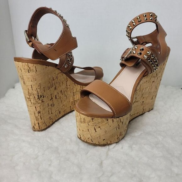 Miu Miu Women's Size 8.5 Brown Studded Spike Ankle Cork Platform Wedge  Sandals - Picture 6 of 9